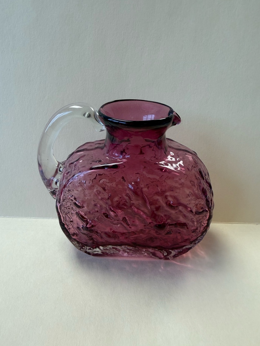 Vintage Pilgrim Cranberry Pebble Glass Mini Pitcher Creamer Clear Handle